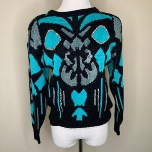 Vintage 90s Black Turquoise Sweater with Silver Sequin Details Sz Medium